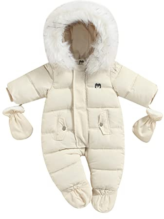 Geagodelia Overalls mit Reißverschluss für Kinder mit Handschuhen, Overall mit Kapuze, Winter, Strampler aus Plüsch, einfarbig, mit Taschen, Beige / Weiß., 74-80