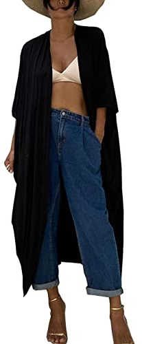 YouKD Kaftano sciolto Boho Kimono Beach Bikini Cover Up Dress Plus Size Homewear per le donne, H Nero, Taglia unica
