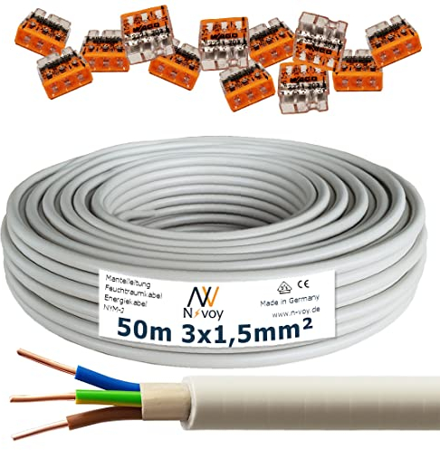 NYM-J 3x1,5 mm² 50m Mantelleitung Installationskabel mit 12 Stück WAGO Klemmen M86