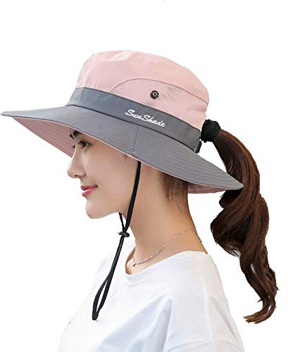 KorhLeoh Chapeau de soleil pour femme avec protection UV en maille à large bord avec trou pour queue de cheval, Rose-a, Taille unique