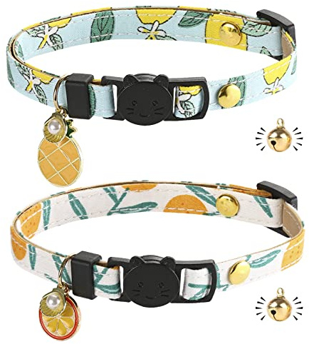Katzenhalsband mit Schnellverschluss | Halsband für Katze mit Leder | handgefertigt | mit Glocke | goldene Kugel | Japanisches Design | verstellbar | 2 Stück
