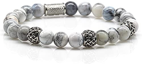 Achat Armband Bracelet Perlenarmband Weiß Grau Silver 8mm Edelstahl Spacer