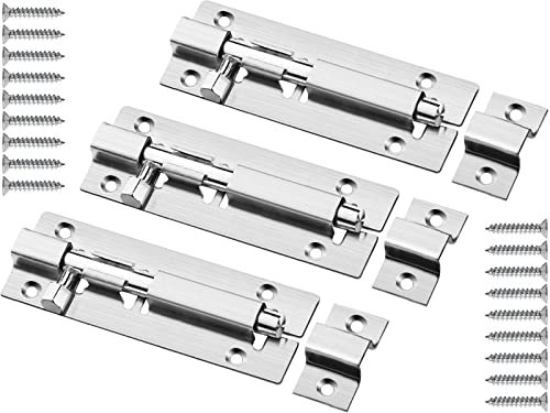 3 Pack Door Bolts Lock Gate Bolt 100mm (4'') Heavy Duty Door Security Bolts Barrel Slide Bolt Stainless Steel Straight Tower Bolt for Increasing Security on Shed Door Garden Yard Garage Gates(Silver)