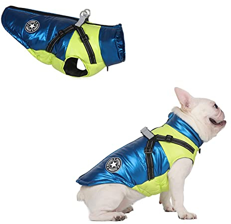 Hundemantel Warme Jacke Weste für kleine mittelgroße Hunde Wintermantel Wärme Hundewestengeschirr Reflektierende Hundejacke Wasserdicht - Hundemantel mit Geschirr (S, Blau)