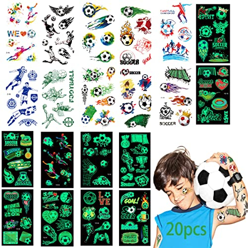 20 Temporäre Fußball Tatoos Aufkleben Kids Fußball Thema 10 Leuchtende Kindertattoos, 10 Fussball Tattoos,Tattoos Kinder Partygeschenke Für Jungs Und Mädchen