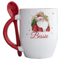Personalised Red Handle Tradional Santa Claus Mug with spoon, Christmas mug with Father Christmas, Ideal for hot chocolate, Cute Xmas mug