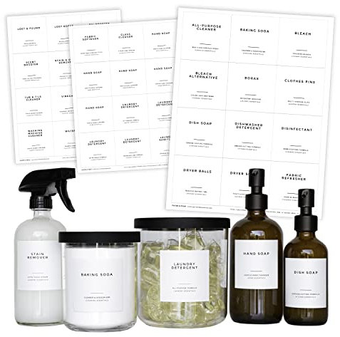 Clean-Modern weiße Badezimmer-Etiketten, Wäscheetiketten & Reinigungsetiketten von Paper & Pear – wasserdichte Etiketten für Flaschen – 6,6 cm quadratische Badezimmer-Etiketten zum Organisieren mit
