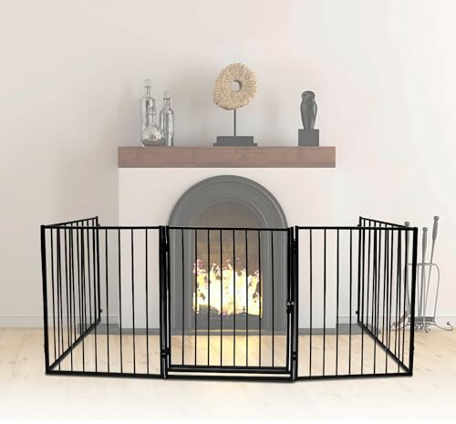 Cecaylie Kaminschutzgitter mit Tür 304 cm Metall Ofenschutzgitter Laufgitter Laufstall Absperrgitter Tierschutzgitter Türschutzgitter für Kinder-Sicherung, 5-teilig (je 60 x 75 cm) Schwarz