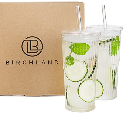 Birchland Eiskaffeetasse aus Glas mit Deckel und Strohhalm, geripptes Glas, 2er-Set, 625 ml, gerippt