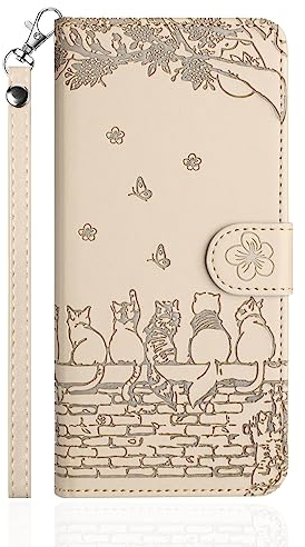 Butnyeoe Handyhülle für iPhone SE 2022/SE 2020,Zaunkatzen iPhone 8/7 Klappbar Hülle,Geprägtes Leder Wallet Schutzhülle Tasche Flip Case,Magnetische Klapphülle mit Kartenfach Standfunktion,Beige/Khaki