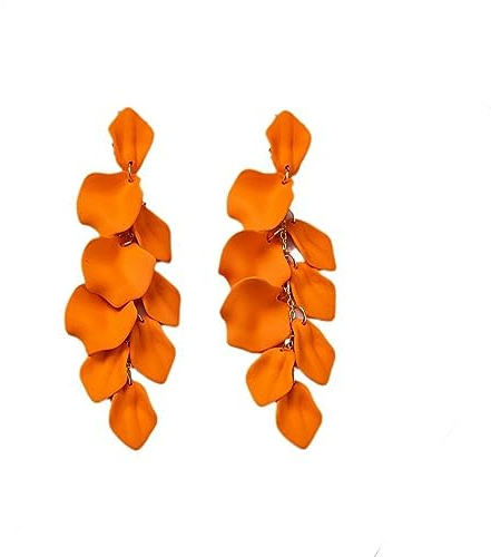 FDEETY Rosenblatt Ohrringe für Damen - Mehrstufige Acryl Blütenblatt Baumeln Ohrringe, Elegant Tropfen Statement Quaste Blumen (Orange)