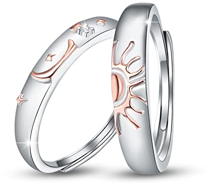 Celestial Sun and Moon Ring Set für Paare, 1 Paar S925 Sterling Silber Versprechen Sunburst und Crescent Moon Matching Ringe für Jubiläumsgeburtstagsgeschenke für Frauen