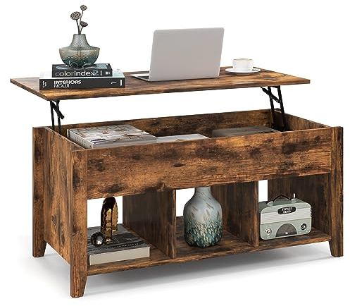 COSTWAY Lift Up Top Coffee Table, Wooden Lifting Cocktail Center Table with Hidden Compartment & 3 Open Storage Cubes, Rectangular Accent Sofa Side Tea Table for Living Room (Rustic Brown)
