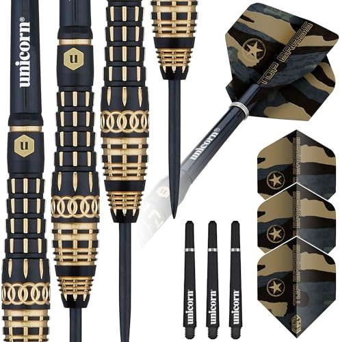 Unicorn Darts Set | Top Brass | Intricately Machined 100% Brass Barrels with Black & Golden Accents & Laser Etched U Logo | Steel Tip | 19 g, 20 g or 21 g