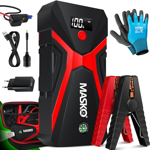 MASKO® Starthilfe Powerbank Auto 3000A Spitzenstrom 24000mAh (Bis Zu 8,0L Benzin Oder 8L Diesel) Mit LED Taschenlampe, Für 12V-Fahrzeuge Batterie Starter SUV Motorrad ATV Rasenmäher, Inkl. Handschuhe