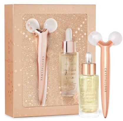 CRYSTALLOVE Gesichtsmassagegerät mit Serum Set - Clear quartz - 3D Gesichtsroller - Anti-Aging Massageroller - Gesichtslifting Massager - Massagegerät - Face Massage Roller