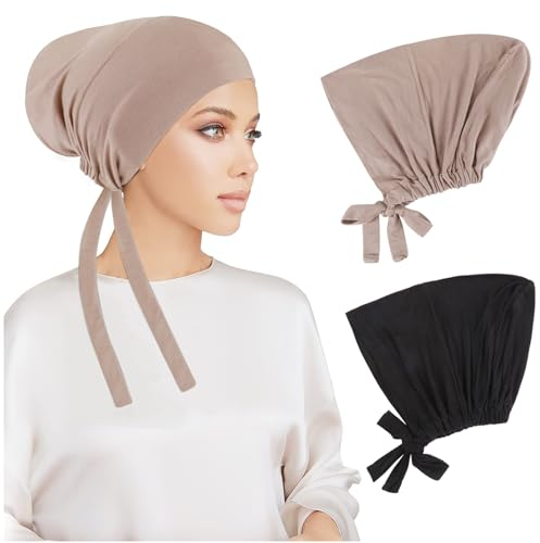 PHOGARY 2 Stück Frauen Undercap Hijab, Islamische Muslimische Unterschal Hijabcap mit Tie Back Closure Solid Color Unter Schal Hijab Mütze Turban Kopfbedeckung Chemo Kopftuch Schlafmütze (B)