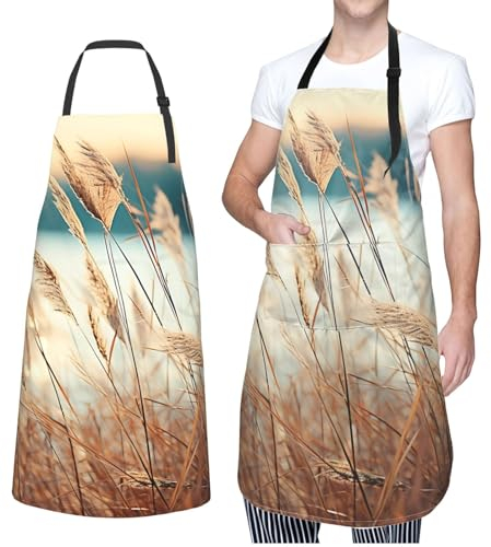 VTCTOASY Verstellbare Schürze mit 2 Taschen für Damen und Herren, Grasleinen, Lätzchen, Kochschürze, Kochschürze, Kochschürze für die Küche, Gras in der Nähe des Sees, One size