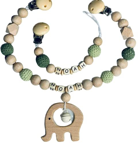 2er Set Kinderwagenkette & Kette personalisiertes baby geschenk mit Namen für Mädchen oder Junge Baby Geschenk personalisiert zur Geburt & Taufe (2er Set Elefant Grün)