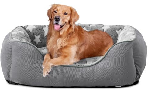 FURTIME Hundebett Grosse Hunde Hundekorb Waschbar Hundekörbchen rutschfeste Hundebetten Flauschig Hundematratze mit Erhöhte Ränder Weiches Hundesofa für Hunde Katze XL(89x63x23cm) Grau/Sterne