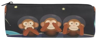 Großes, rundes Federmäppchen, Make-up-Tasche, Reißverschluss, Stifteetui für den täglichen Gebrauch, Schule, Uni, Arbeit und Büro, kein Sehen, kein Sprechen, kein Hören, drei weise Affen auf dem