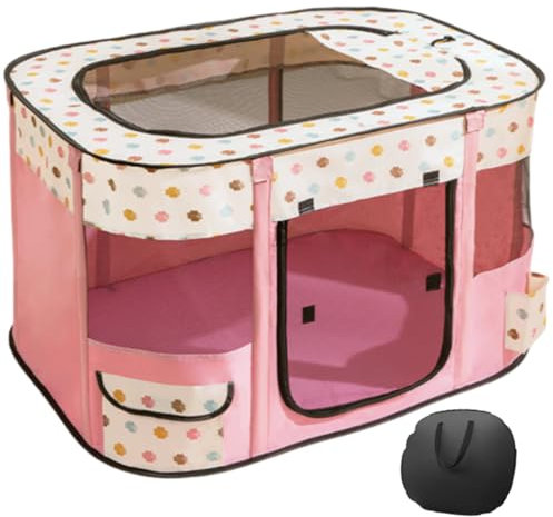 Floving Tragbares Hundehaus Haustierzaun 90x70x60cm Faltbarer Haustier Laufstall Rechteck Lieferraum Katzennest Katzenhöhle Welpenhaus Zwinger Geschlossenes Haustierzelt (Rosa)