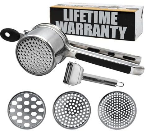 YumRico Kartoffelpresse 425 ml – Große Kartoffelpresse aus Edelstahl und Kartoffelpüree – Kartoffelpüree aus Edelstahl mit 3 austauschbaren Scheiben – Stampfer Küchenhelfer