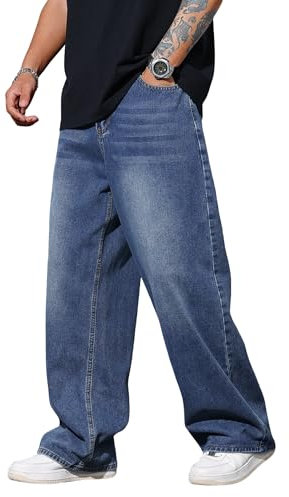 Zewool Jeans Baggy Hip Hop per Uomini,Jeans Skater a Gamba Larga,Pantaloni in Denim a vestibilità Loose Vintage Gamba Dritta vestibilità Rilassata Skateboard Y2K Streetwear,G10 Blu,XL