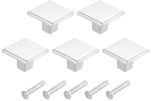 Sourcing Map 5Pcs Square Cabinet Knobs, 1.2 Inch Silver Aluminum Alloy Solid Drawer Knobs Handle Pulls for Kitchen Cabinets Bedroom Dresser Wardrobe