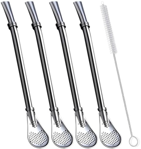 Bombilla Yerba Mate Straws, 4 Pcs Reusable Tea Coffee Cocktail Stainless Steel Bent Smooth Flow Drinking Stir Filter Spoon Straws with Cleaning Brush by Beruth (silver)