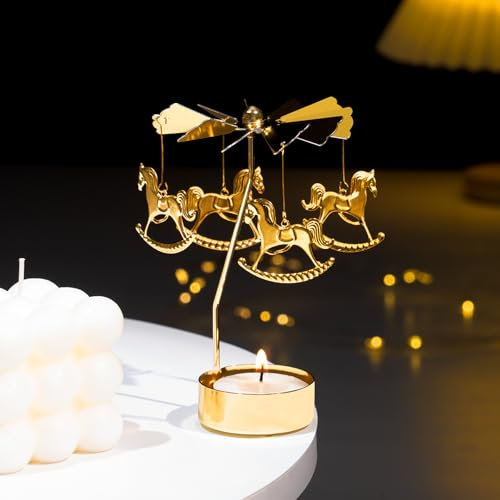 Toptime Teelichthalter Karussell, Goldener Drehbarer Kerzenhalter für Tischdeko, Metall Teelicht Karussell für Wohnzimmer Deko, Fantasy Kerzenhalter für Weihnachten, Valentinstag, Hochzeit, Partydeko