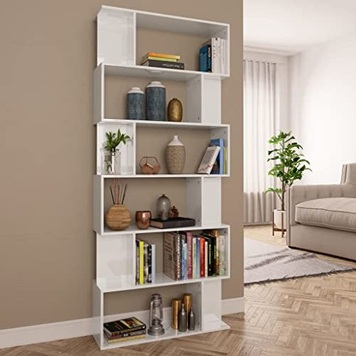 Myheimly Bücherregal/Raumteiler mit 6 großen 12 kleinen Fächern Wandregal Standregal Aktenregal Raumtrenner Regal Hochglanz-Weiß 80x24x192 cm