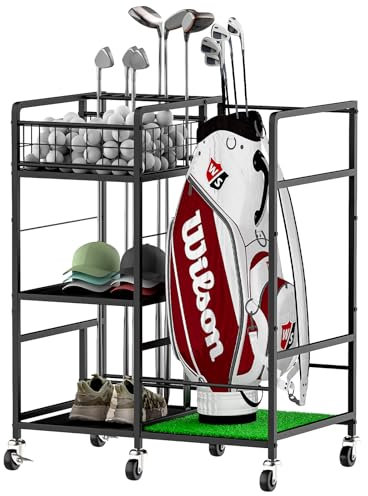 CADUKE Golftaschen-Organizer mit feststellbaren Rädern, Garage Organizer für Golftaschen, Golf Aufbewahrungsregal aus Metall mit Ablagen & Korb für Golfschläger & Zubehör