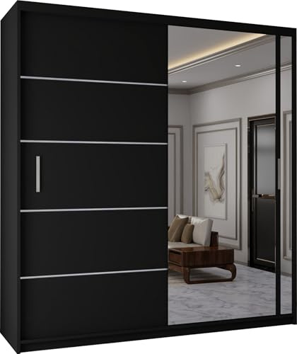 MN Furniture Modern Double Sliding Door Wardrobe 2 Mirrored Hanging Rails & Shelves Storage Cabinet for Bedroom (Black, 203cm)