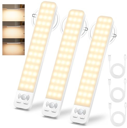 Ylatoial Luz LED con Sensor de Movimiento, 25CM Led Cocina Bajo Mueble con 3000K 2000mAh USB Recargable & Brillo Ajustable, Luces Led para Cocina, Armario, Garaje, Pasillo, Escalera-3 Piezas