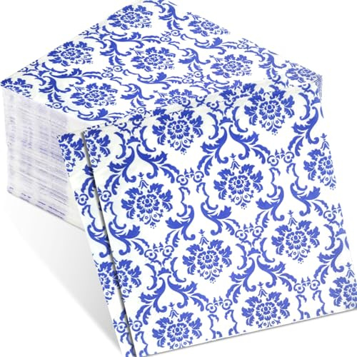 Garegce 100PCS Soft Blue Chinoiserie Paper Napkins, Disposable Party Napkins Serviettes Eco-Friendly for Wedding, Birthday, Hen Parties, Catering, Daily Tableware, Christmas, 33x33cm