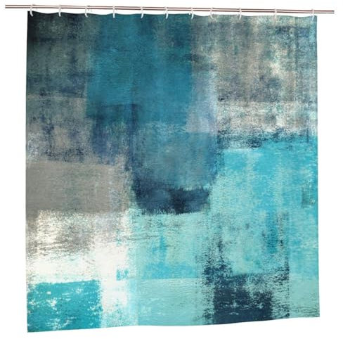 Newhomestyle Duschvorhang, wasserdicht, mit 12 Haken, moderne abstrakte Kunstmalerei, Badezimmervorhang für Badewannen-Dekor, 180 x 200 cm, Türkis, Blau / Grau