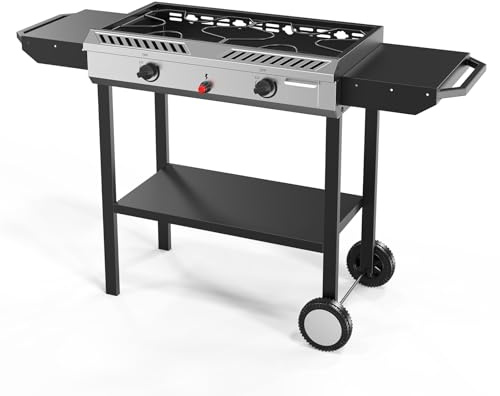 Bonnlo 2 Burner Propane Gas Burner with Auto Ignition, 150000 BTU Camping Stove with Storage Shelf and Rolling Wheels, Portable Outdoor Cooker for Patio Backyard Cooking Frying Boiling and Stewing