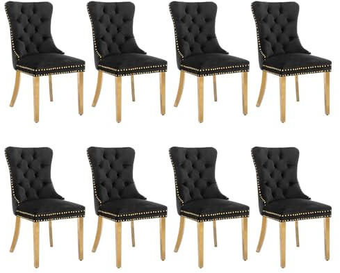 Esszimmerstühle mit gepolstertem Flügelrücken, schwarz und gold, 8er Set | Weicher Samtbezug, Tufting, Nietenbesatz, Rückenring, goldene Metallbeine. Ideal für Esszimmer, Wohnzimmer, Innendekoration.