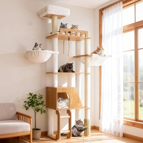 Hey-brother Holz Kratzbaum, 184 cm, mehrstöckiger, moderner Stil, MPJ121WB | Stabil Katzenbaum für mehrere Großkatze, Mit Grosse Plattformen, Korb, Katzenhöhle, Kämmmaschine und Leiter, Noyer