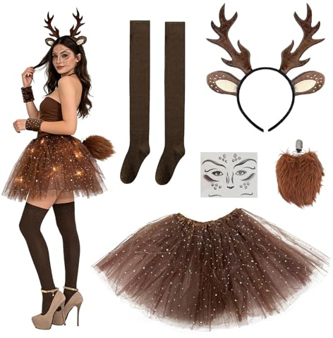 5 Stück Reh Kostüm Damen, Braun Rentier Karneval Kostüm Damen Erwachsene | Mit Tüllrock Dame LED, Rentier Haarreif, Gesichtstattoo, Strümpfe Schwanz, für Faschingskostüme Reh Cosplay