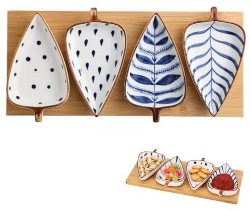 Siocok Ceramic Condiment Appetizer Set, Dip Set Snack Bowl | Ceramic Leaf Shape Pinch Bowl, Serving Platters, with Wooden Tray, for Dessert, Dip, Fruits, appetizers, Candy and Snacks