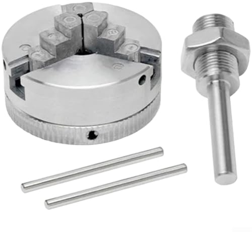 Yuanpgky Mini mandrin de tour avec trois mâchoires et quatre colliers de serrage et tige de connexion filetée M12 x 1 pour fixation de perceuse offrant un maintien stable sur des matériaux ronds et