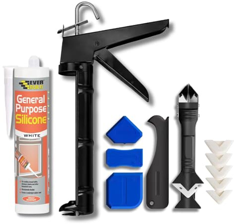 White Silicone Sealant Anti Mould Bundle - General Purpose Waterproof White 280ml, Dripless Smooth-Rod Caulking Gun (Controlled Release), Silicone Finishing Tool Set