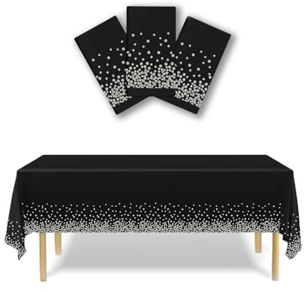 3 Einweg Tischdecken wasserdicht 137x274cm rechteckig Schwarz Silber Punkte | Einweg Folientischdecke für Geburtstag, Hochzeit, Silvester, Abschlussfeier, silberner Punktrand, leicht abwischbar