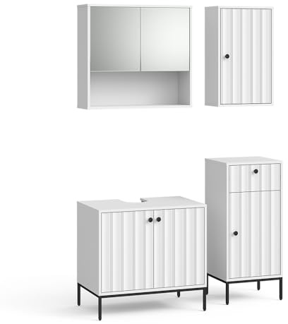 Vicco Badmöbel-Set Eliza, Weiß Riffel, 4 Teile, besteht aus Waschbeckenunterschrank, Spiegelschrank, Midischrank und Hängeschrank