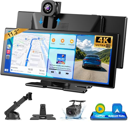 ESSGOO 11.3 Pulgadas Pantalla Coche Apple CarPlay Android Auto Inalámbrico | 1920×720 IPS Táctil,Cámara de Salpicadero Diratoria 360° 4K,Cámara de Marcha Atrás 1080P,Bluetooth 5.3,Mirror Link,GPS,FM,