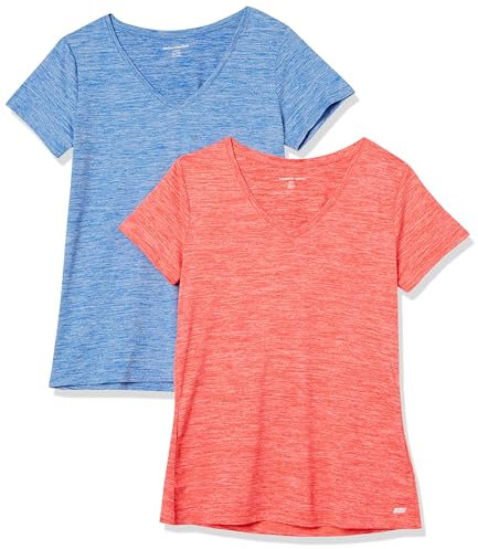 Amazon Essentials Women's Tech Stretch Short-Sleeved V-neck T-shirt (Available in Plus Size), Pack of 2, Coral Orange Space Dye/Light Blue Space Dye, XL