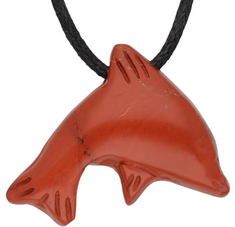 Lebensquelle Plus Delphinanhänger | Edelstein Tieranhänger Delphin | Gebohrter Anhänger mit Baumwollband (Jaspis, rot)