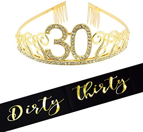 Goldfarbene Tiara und Schärpe zum 30. Geburtstag, glitzernde Satin-Schärpe mit Aufschrift Dirty Thirty und Strass-Kristall, Geburtstagskrone für den 30. Geburtstag, Partyzubehör, Gastgeschenke,